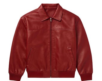 Jaqueta de couro masculina feita à mão, vermelha, de couro genuíno, bomber, feita à mão, masculina, vegana, motociclista, jaqueta de inverno para presente