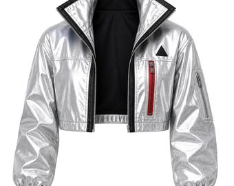Lucy Inspired Silver Metallic Cyberpunk Jacket Anime Cosplay Bomber Costume