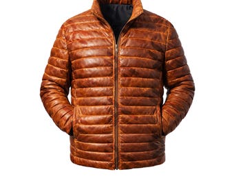 Men's Distressed Brown Leather Puffer Jacket, Quilted Biker Winter Coat