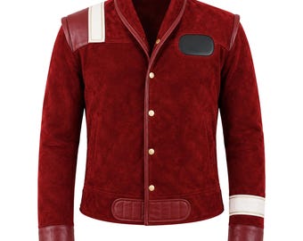 William Shatner Inspired Red Suede Leather Jacket Sci Fi Captain Costume Jacket Men Red Cosplay Uniform Jacket Vintage Space Coat