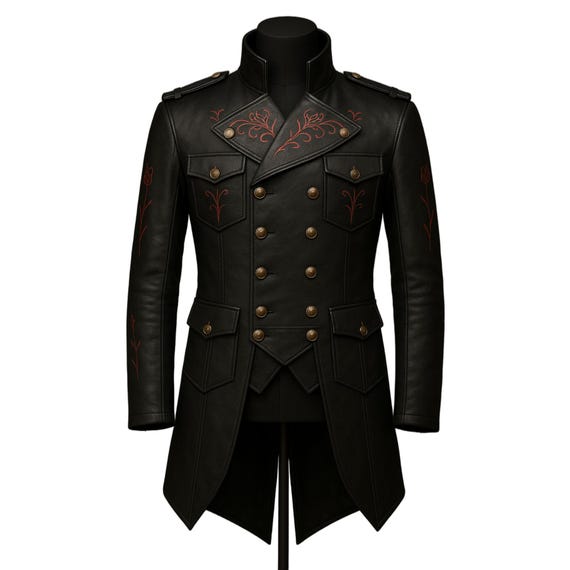 Handmade Steampunk Unisex Tailcoat Victorian Cosplay Costume For Halloween Black Leather Trench Coat Gothic Halloween Coat Gift For Him
