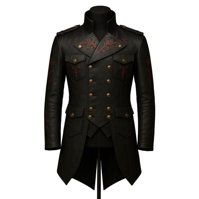 K&ouml;nnte beinhalten: Schwarze Lederjacke mit doppelreihigem Design, mit dekorativer roter Blumenstickerei und goldfarbenen Kn&ouml;pfen. Die Jacke hat einen hohen Kragen, Schulterklappen und mehrere Taschen, was einen ma&szlig;geschneiderten und stilvollen Look ergibt.