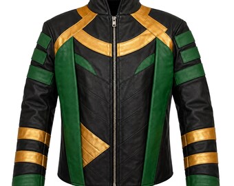 Loki Inspired Leather Jacket, Black Green Gold Cosplay Jacket, Men’s Superhero Costume Jacket, Real Leather Fantasy Biker Jacket