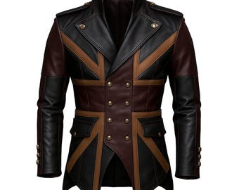 Steampunk Tailcoat Jacket Steampunk British Inspire Leather Coat Victorian Cosplay Costume UK Flag Inspire Coat Gothic Trench Coat