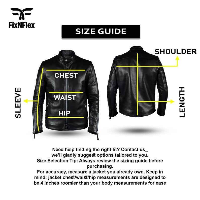 K&ouml;nnte beinhalten: Eine schwarze Lederjacke mit einer Gr&ouml;&szlig;entabelle, die Ma&szlig;e f&uuml;r Brust, Taille, H&uuml;fte, &Auml;rmel, Schulter und L&auml;nge zeigt. Der Text lautet "Gr&ouml;&szlig;en&uuml;bersicht" und gibt Tipps f&uuml;r die richtige Gr&ouml;&szlig;e. Das FixNFlex-Logo befindet sich oben links.