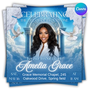 Op de afbeelding: Een herdenkingsaankondiging met een blauw-witte hemelachtergrond. De tekst luidt "CELEBRATING THE LIFE OF OUR LOVED ONE" en "Forever In Our Heart Amelia Grace". Bevat een foto van een vrouw, duiven en bloemaccenten. De datum en tijd zijn ook inbegrepen.