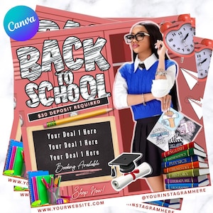 May include: Back to School flyer with a pink background, featuring the text "Back to School" in a bold, white font. Includes a chalkboard with text, a pencil, books, and a person wearing glasses. The flyer also has a graduation cap and diploma.