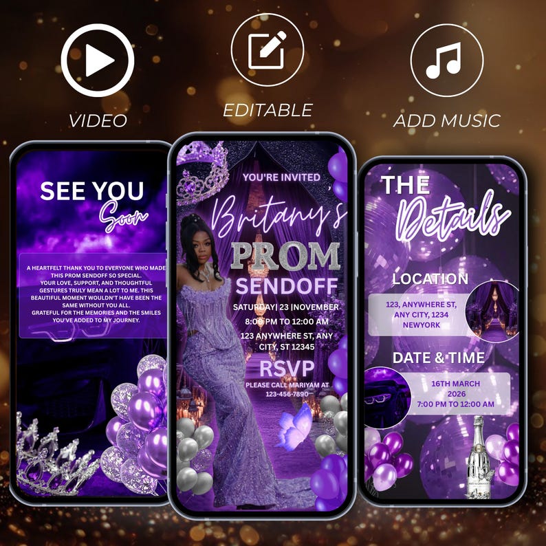 Animated Purple Prom Send off Invitation (canva Editable Video) - Etsy