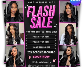 May include: A promotional flyer with a black background and pink accents. The text "FLASH SALE" is prominently displayed. The flyer includes images of women with long, dark hair. Additional text includes "40% OFF LIMITED TIME ONLY" and "BOOK NOW".