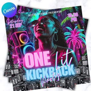 Op de afbeelding: Meerdere flyers voor een feest met een vrouw met een zonnebril en neonwoorden "ONE LIT KICKBACK PARTY". De achtergrond bevat palmbomen en dobbelstenen.