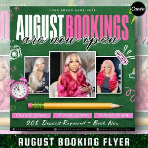 August-Buchungsflyer, August-Ernennungsflyer, Schulanfang-Flyer, Schulverkaufsflyer, Haargeflecht-Lash-Perücke-Flyer, Canva bearbeitbar