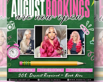 August Booking flyer, August Appointment Flyer, Back To School Flyer, Back to school sale flyer, Hair Braids Lash Wig Flyer, Canva Editable