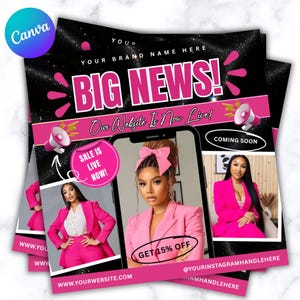 Può includere: Una pila di volantini promozionali con sfondo nero e accenti rosa. Il testo "BIG NEWS! Our Website Is Now Live!" è visualizzato. Sono presenti immagini di donne in abiti rosa, insieme al testo "GET 15% OFF".