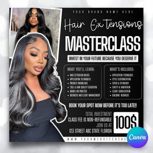 Könnte beinhalten: Schwarz-weiß Werbegrafik für einen Haarverlängerungs-Meisterkurs. Das Bild zeigt zwei Frauen mit langen, gestylten Haaren. Der Text enthält "Hair Extensions MASTERCLASS" und Details zum Inhalt. Die Kursgebühr beträgt 100 $.