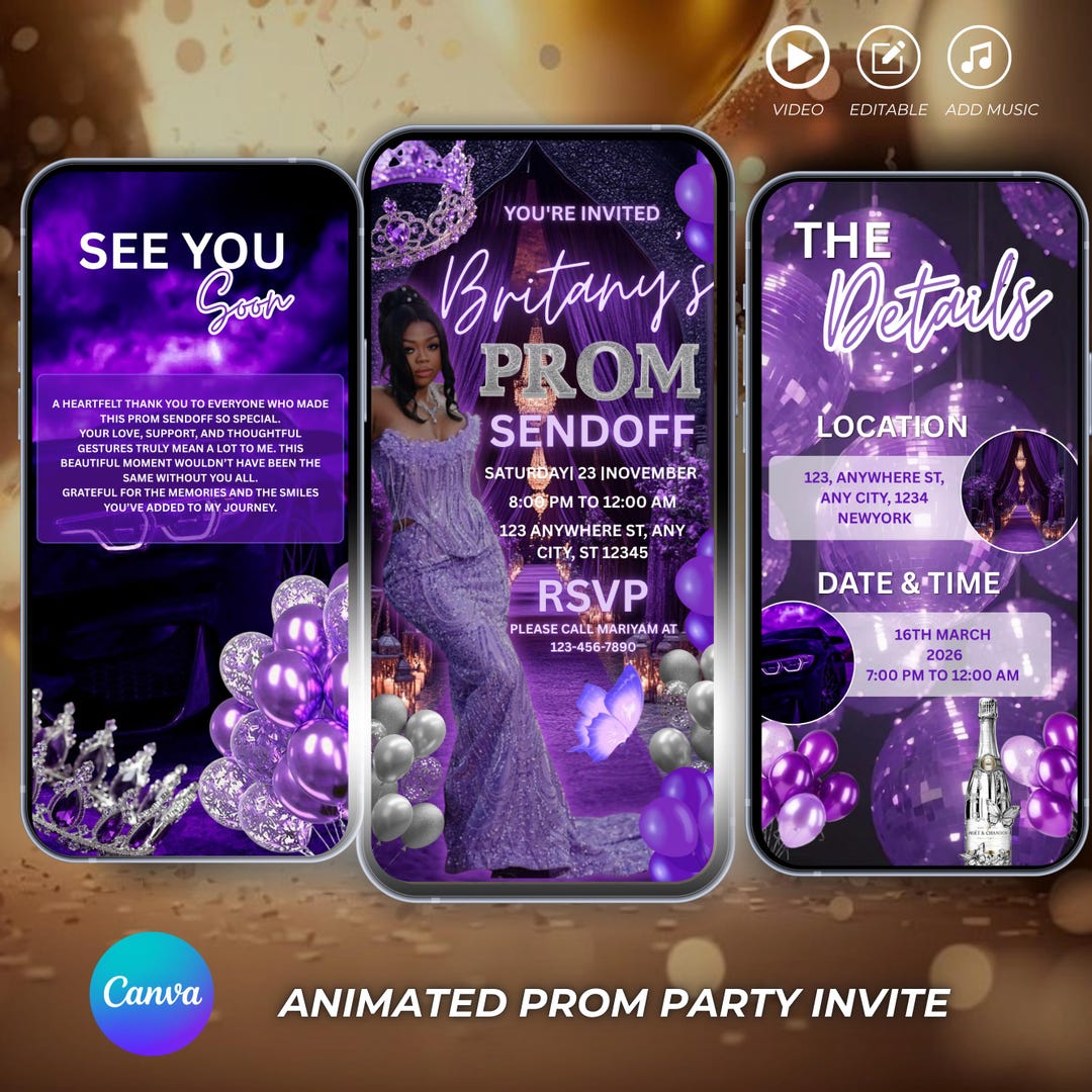Animated Purple Prom Send off Invitation, Luxury Glam Senior Prom Video ...