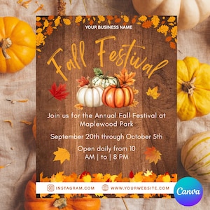 May include: A fall festival advertisement with a wooden background, featuring the text "Fall Festival" in gold script. The image includes pumpkins, leaves, and event details, including the date, time, and location.