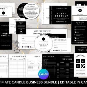 May include: A collection of black and white candle business templates, including loyalty cards, care instructions, gift certificates, order forms, and price lists. The text "ULTIMATE CANDLE BUSINESS BUNDLE | EDITABLE IN CANVA" is visible.