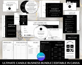 May include: A collection of black and white candle business templates, including loyalty cards, care instructions, gift certificates, order forms, and price lists. The text "ULTIMATE CANDLE BUSINESS BUNDLE | EDITABLE IN CANVA" is visible.