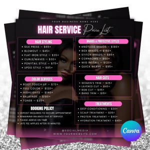May include: A black and pink hair service price list template featuring sections for hair styling, braids, color services, hair cuts, and treatments. The text includes headings like Hair Service Price List, Booking Policy, and various service names.