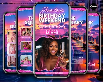Animated Miami Birthday Weekend Itinerary, Girls Trip Bachelorette Vacation Invitation, Editable Canva Video Travel Schedule