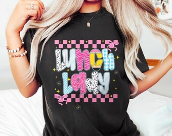 Lunch Lady PNG Sublimation Design, Cute Retro Checkered School Kitchen Graphic, Colorful Leopard Print Letters Digital Clipart
