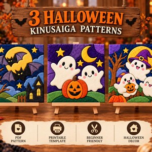 May include: Three square Kinusaiga art panels featuring Halloween themes on wooden easels. The left panel shows bats and a full moon, the centre shows ghosts and a pumpkin, and the right shows ghosts with a witch hat and pumpkins. Text reads 3 HALLOWEEN KINUSAIGA PATTERNS.