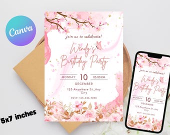 Blumen-Geburtstags-Einladung Gartenparty, rosa Blumen-Einladung, bearbeitbare rosa Blumen-Geburtstags-Einladung, druckbare Geburtstags-Vorlage.
