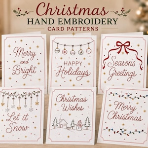 Può includere: Sei biglietti d'auguri bianchi con ricami a mano rossi e dorati, con testi come Merry and Bright, Happy Holidays, Season's Greetings, Let it Snow, Christmas Wishes e Merry Christmas, disposti su due file su una superficie di legno.