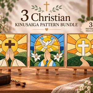 May include: A bundle of three Kinusaiga patterns featuring Christian themes, displayed on small wooden easels. The designs include a cross with praying hands, a dove with lilies, and a cross on a path, all rendered in a stained glass style.