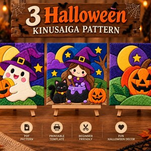 May include: Three square Kinusaiga patterns featuring Halloween themes on small wooden easels. The designs include a ghost with a pumpkin, a witch with a black cat and cauldron, and a jack-o'-lantern. A wooden sign above reads 3 Halloween KINUSAIGA PATTERN.