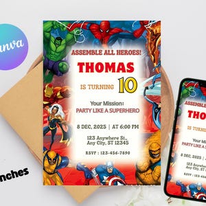 Editable Superheroes Birthday Invitation Card, Avengers Birthday Invitation Editable, Avengers Party Invitation Kids,  Superhero Invitation.