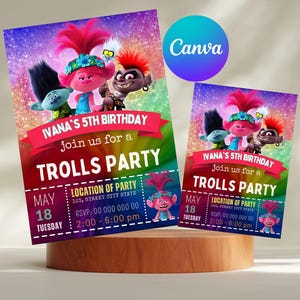 Trolls invitation, Trolls Birthday Invite Printable, Trolls Craziest Party Birthday Invitation, Digital Trolls Party Editable Template Canva