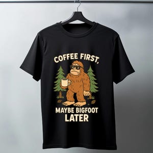Funny Bigfoot Coffee Quote PNG | Sasquatch Morning Humor Digital Download | Retro Forest T-Shirt Design