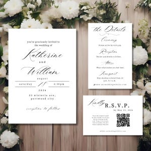 Minimalist Black and White Wedding Invitation Suite | Elegant Printable Invite Set | DIY Template | RSVP, Details Card | Customizable