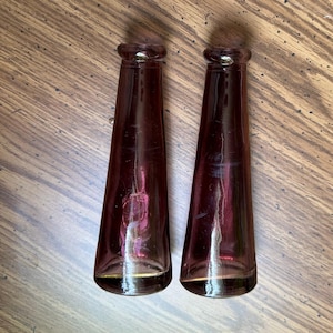 6 1/4&quot; Pair of Vintage Deep Purple Glass Bottles – Mid-Century Modern Décor