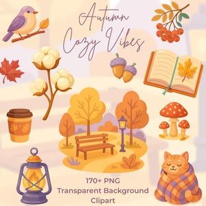 May include: A digital illustration featuring autumn-themed elements. Includes a bird on a branch, maple leaf, coffee cup, cotton branch, acorns, open book with a leaf, mushrooms, a cat wrapped in a blanket, and a lantern. Text reads "Autumn Cozy Vibes" and "170+ PNG Transparent Background Clipart."