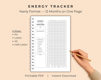 Roczny tracker energii • Wydrukowany planer dobrego samopoczucia w formacie PDF • Szablon dziennika samoopieki • Pobieranie cyfrowe