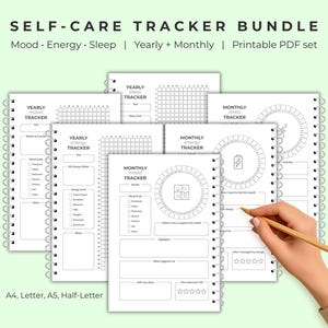 Puede incluir: Un conjunto de páginas imprimibles de seguimiento del autocuidado, que incluyen rastreadores de estado de ánimo, energía y sueño. Las páginas están diseñadas para el seguimiento anual y mensual, con una encuadernación en espiral. El texto "SELF-CARE TRACKER BUNDLE" está en la parte superior.