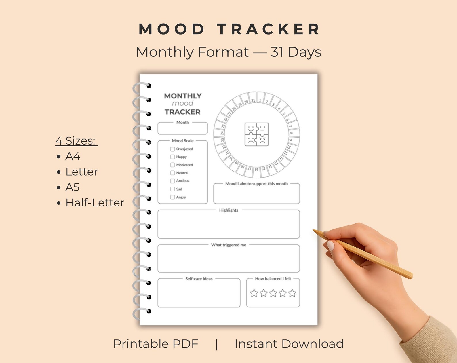 Printable Monthly Mood Tracker – Minimalist Journal Page | A4, A5 ...