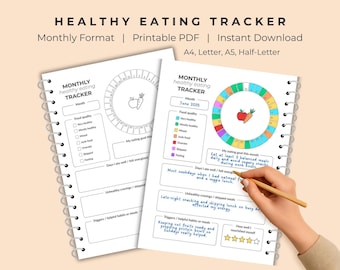 Minimalist Monthly Healthy Eating Tracker: Printable Food Journal (PDF Download, A4/Letter/A5/Half Letter Sizes)