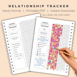 May include: Two open white spiral-bound notebooks with a "Relationship Tracker" design. One page is blank, and the other is filled with a color-coded grid. The text includes "Yearly Format," "Printable PDF," and "Instant Download."