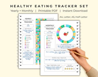 Healthy Eating Tracker Set: Monthly & Yearly Wellness Journal (Digital PDF Printable A4/A5/Letter/Half Letter)