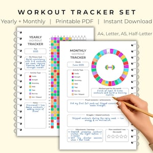 Träningsspårningsset | Månatliga och årliga fitnesstrackers | Träningslogg | Utskrivbar gymplanerare