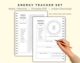 Energy Tracker Set – Monthly & Yearly Printable Trackers | Minimalist Wellness Journal Pages | PDF Download