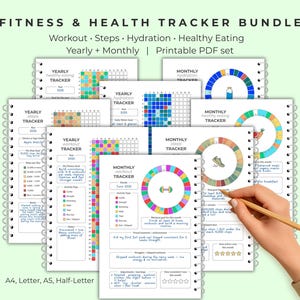 May include: A bundle of printable fitness and health trackers. The trackers include yearly and monthly workout, steps, hydration, and healthy eating logs. The pages are spiral-bound and include the text "Fitness & Health Tracker Bundle."