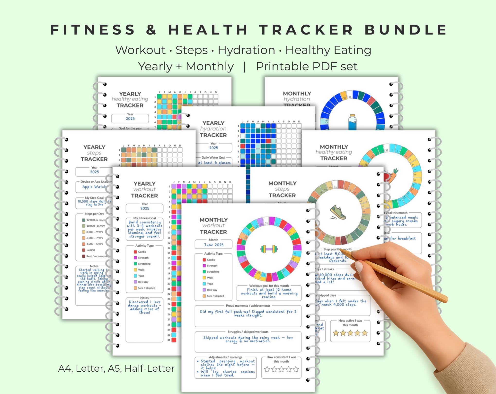 Fitness & Health Tracker Bundle - 8 Digital Trackers (Monthly + Yearly) Workout, Steps, Water, Healthy Eating Printables