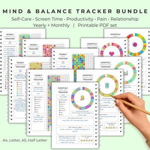 May include: A collection of printable PDF trackers for mind and balance, covering self-care, screen time, productivity, pain, and relationships. The bundle includes yearly and monthly trackers in A4, Letter, A5, and Half-Letter sizes. The trackers feature colourful designs and spiral binding.