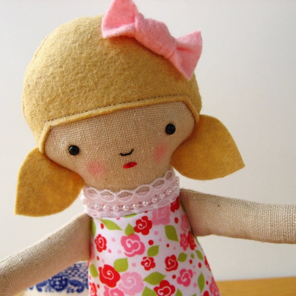 SALE PRICED Zakka Rag Doll Baby Girl in Linen & Cotton Springtime Flower Dress with Pigtails BRIT