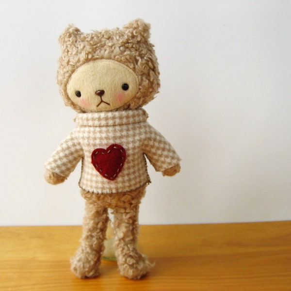 Kawaii Valentines Heart Bear Plushie Taupe Brown Curly Woolly Bear Mini ALEX