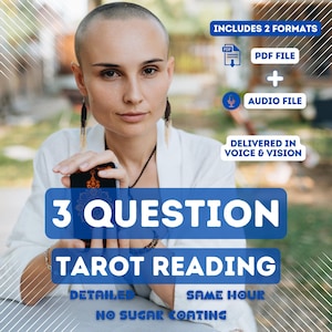 May include: A woman holding a tarot card with a detailed design. The image includes text that reads "3 QUESTION TAROT READING" and "DELIVERED IN VOICE & VISION". The product includes a PDF and audio file.